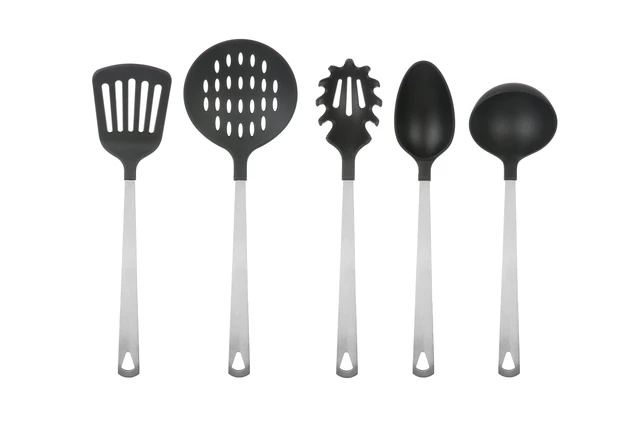 Alt view image 5 of 7 - Mainstays 5-Piece Stainless Steel and Nylon Kitchen Utensil Set - Spoon, Turner, Skimmer, Pasta Server, Ladle
