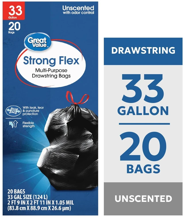 Main image of 33 Gallon Great Value Strong Flex Multi-Purpose Drawstring Bags, 20 Bags