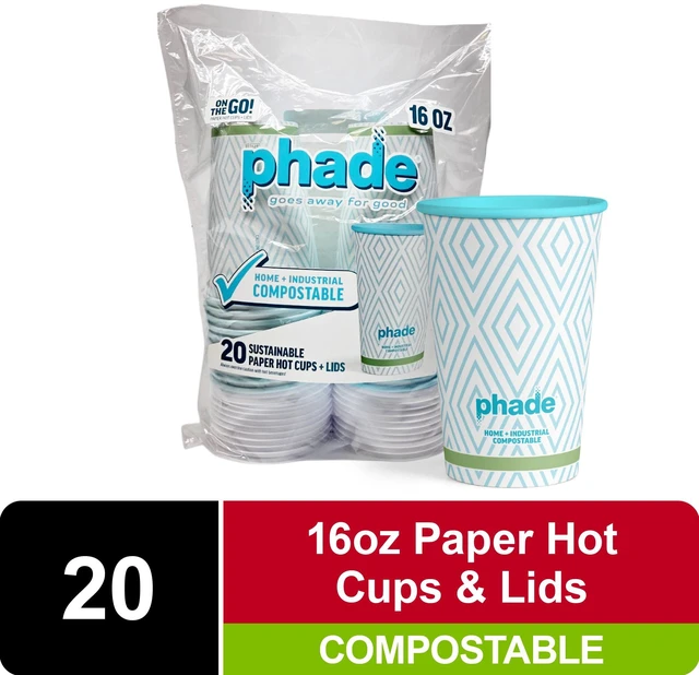 Main image of Phade 16 oz Compostable Paper Hot Cups with Lids, 20 Count, Blue Diamond Design