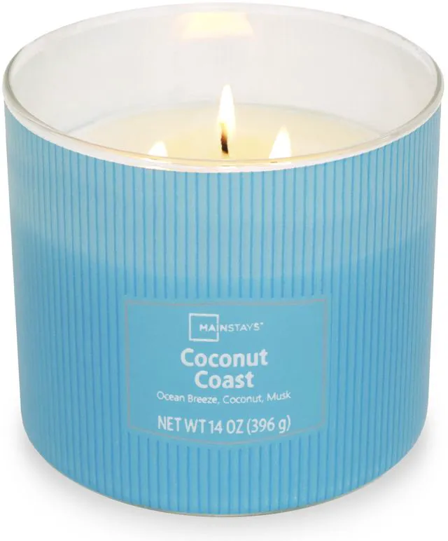 Main image of Mainstays 3-Wick Textured Wrapped Candle, Coconut Coast Fragrance, 14 oz