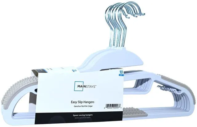 Main image of Mainstays Easy Slip Plastic Clothes Hangers, Non-Slip, 10 Count, White/Grey Pumice