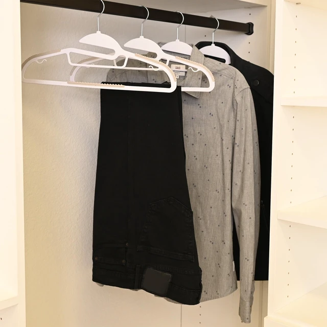 Alt view image 4 of 5 - Mainstays Easy Slip Plastic Clothes Hangers, Non-Slip, 10 Count, White/Grey Pumice