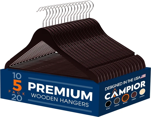 Main image of Cherry Wooden Hangers 5-Pack, Heavy-Duty with 360 Swivel Hook, Non-Slip, Pants Bar & Shoulder Grooves, for Suits, Jackets, Dresses, Camisoles, Space-Saving, Smooth Finish
