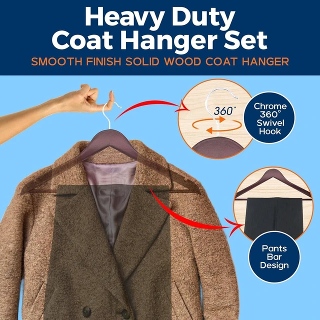 Alt view image 3 of 7 - Cherry Wooden Hangers 5-Pack, Heavy-Duty with 360 Swivel Hook, Non-Slip, Pants Bar & Shoulder Grooves, for Suits, Jackets, Dresses, Camisoles, Space-Saving, Smooth Finish