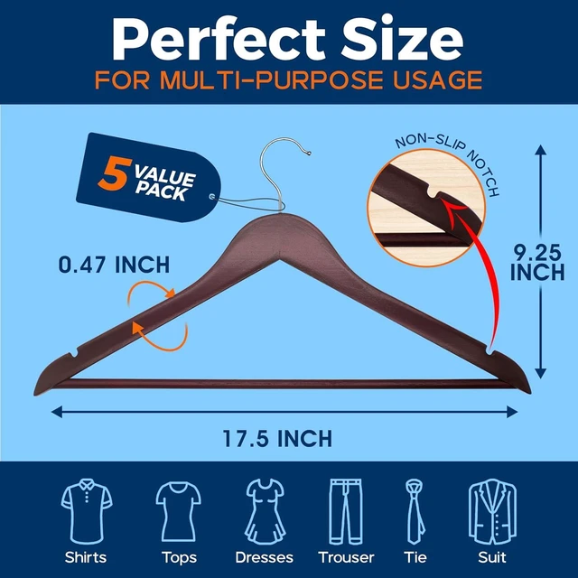 Alt view image 6 of 7 - Cherry Wooden Hangers 5-Pack, Heavy-Duty with 360 Swivel Hook, Non-Slip, Pants Bar & Shoulder Grooves, for Suits, Jackets, Dresses, Camisoles, Space-Saving, Smooth Finish
