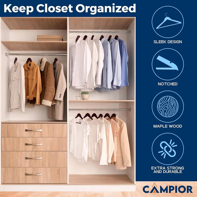 Alt view image 2 of 7 - Cherry Wooden Hangers 5-Pack, Heavy-Duty with 360 Swivel Hook, Non-Slip, Pants Bar & Shoulder Grooves, for Suits, Jackets, Dresses, Camisoles, Space-Saving, Smooth Finish