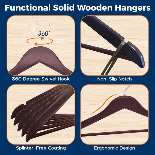 Alt view image 5 of 7 - Cherry Wooden Hangers 5-Pack, Heavy-Duty with 360 Swivel Hook, Non-Slip, Pants Bar & Shoulder Grooves, for Suits, Jackets, Dresses, Camisoles, Space-Saving, Smooth Finish