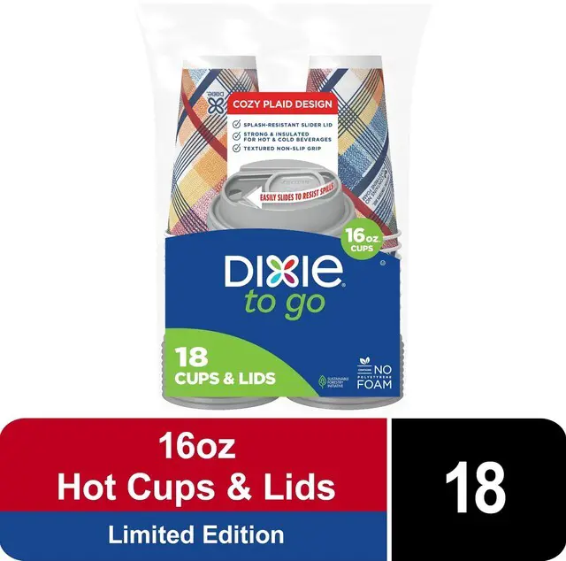 Main image of Dixie To Go 16oz Disposable Paper Cups with Slider Lid, Cozy Plaid, 18Count