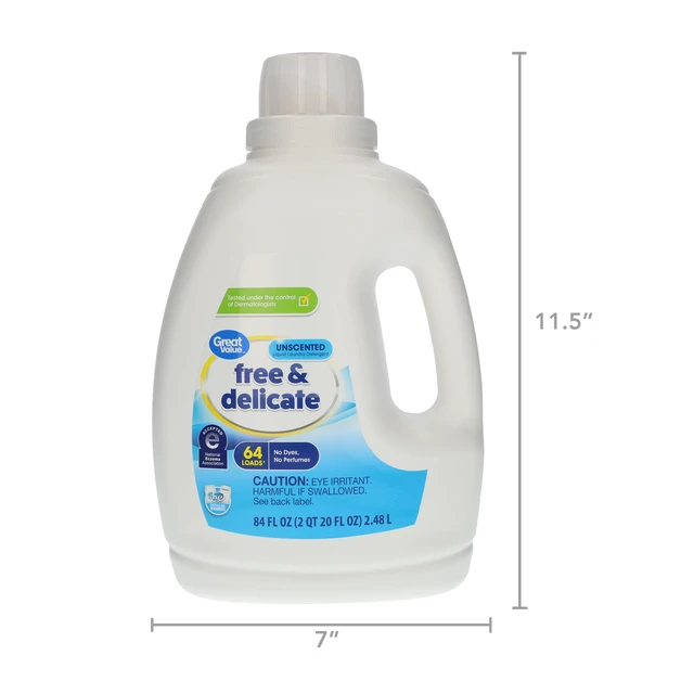 Alt view image 5 of 7 - Great Value Free & Delicate Liquid Laundry Detergent, Unscented, 84fl oz, 64Loads