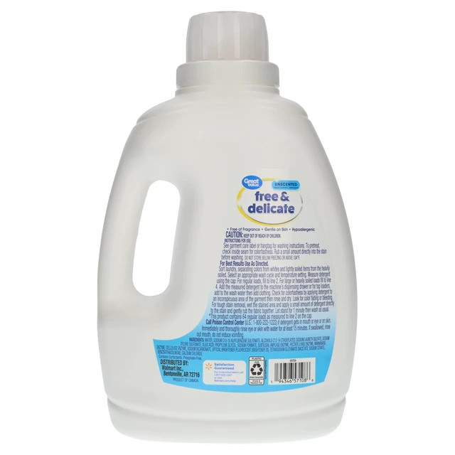 Alt view image 2 of 7 - Great Value Free & Delicate Liquid Laundry Detergent, Unscented, 84fl oz, 64Loads