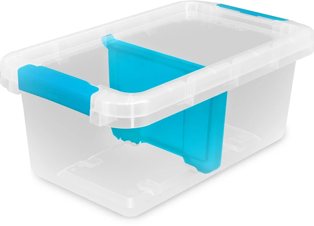 Main image of Hefty 17 Quart Small Latching Storage Bin, Clear Plastic with Latch Lid and Dividers, Blue