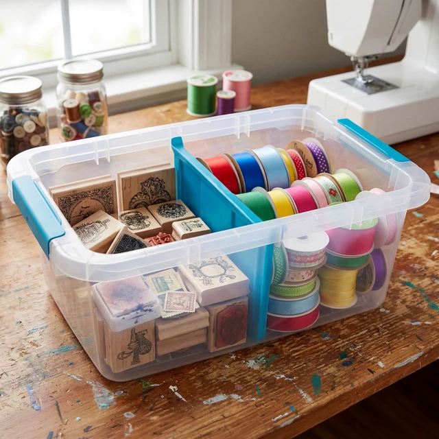 Alt view image 6 of 6 - Hefty 17 Quart Small Latching Storage Bin, Clear Plastic with Latch Lid and Dividers, Blue