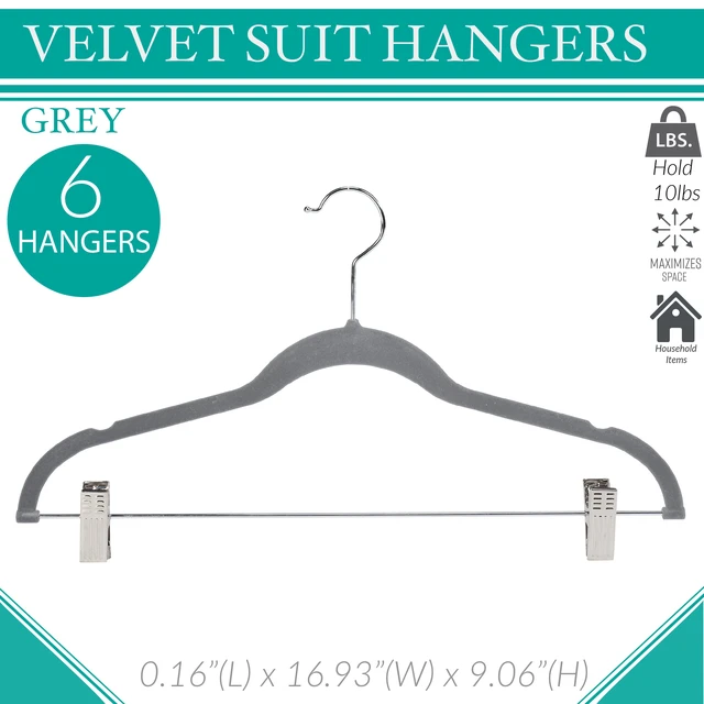 Alt view image 3 of 5 - Simplify Velvet, Plastic and Metal Clothing Hangers with Clips, 6-Pack, Gray