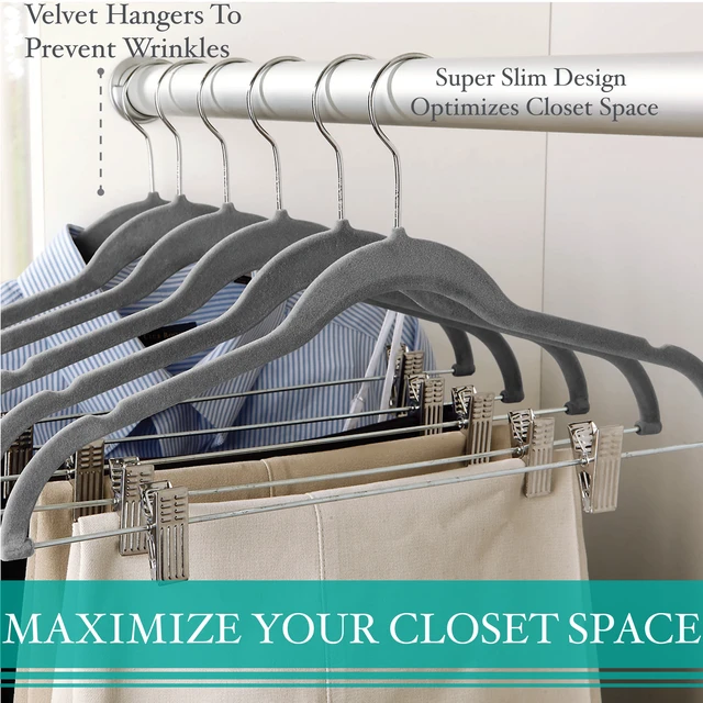 Alt view image 2 of 5 - Simplify Velvet, Plastic and Metal Clothing Hangers with Clips, 6-Pack, Gray