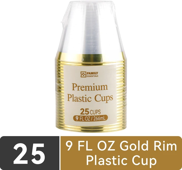 Main image of Family Essentials 25 Count 9oz Gold Rim Clear Plastic Disposable Cups for Coffee, Cocktails & Cold Drinks, BPA-Free Party Cups for Weddings & Everyday Use