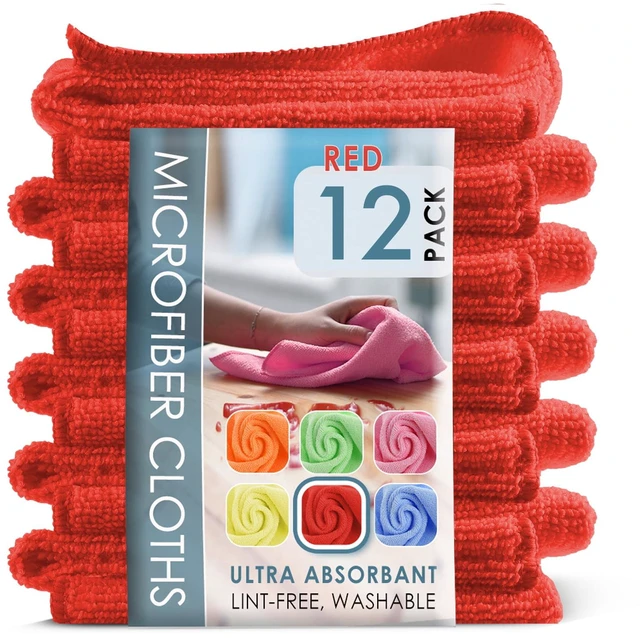 Main image of LammaLoe Microfiber Cleaning Cloths 12x12 Super Absorbent Lint Free Multi-Purpose 12 Pack Red