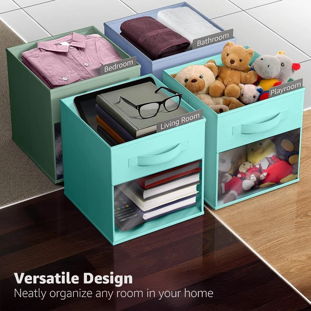 Alt view image 6 of 6 - Sorbus 11Inch Collapsible Fabric Storage Bin with Clear Window, Pastel Teal