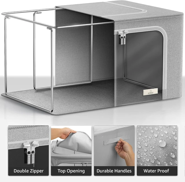 Alt view image 4 of 4 - Sorbus Large Foldable Storage Bin with Metal Frame, Gray - Stackable Organizer with Handles