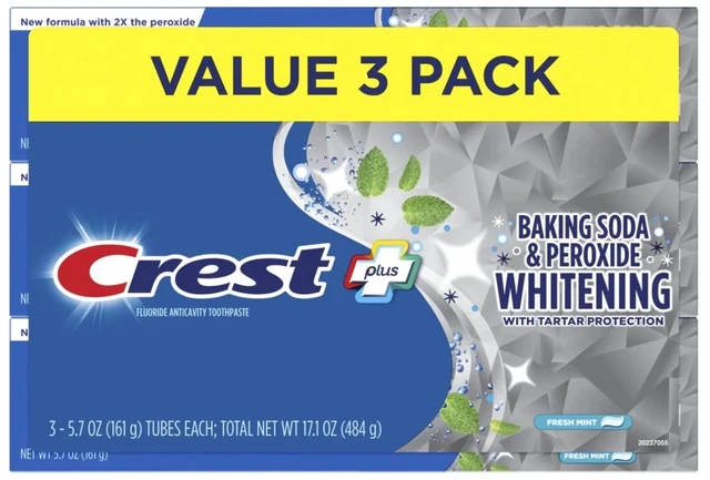 Alt view image 7 of 7 - Crest Plus Baking Soda and Peroxide Whitening Toothpaste, Fresh Mint, 5.7 oz, Pack of 3