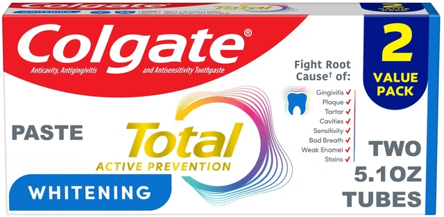 Main image of Colgate Total Active Prevention Whitening Toothpaste, Mint, 5.1oz, 2-Pack