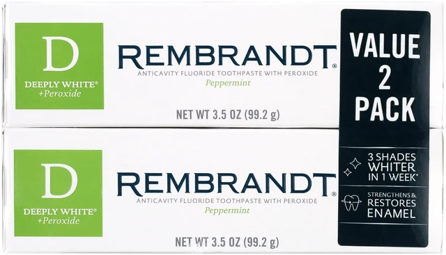 Main image of Rembrandt Deeply White and Peroxide Whitening Toothpaste, Peppermint, 3.5 oz, 2 Pack