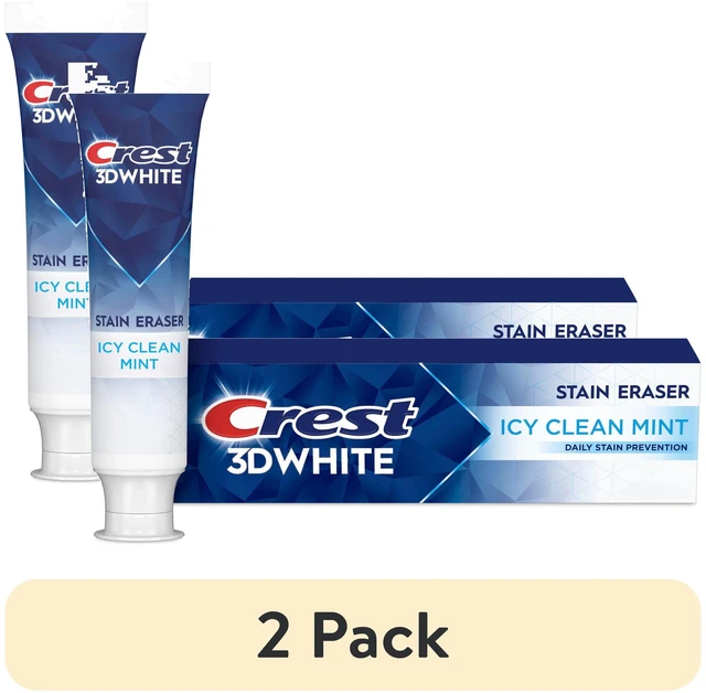 Main image of Crest 3D White Stain Eraser Teeth Whitening Toothpaste, Icy Clean Mint, 3.8oz, 2 Pack