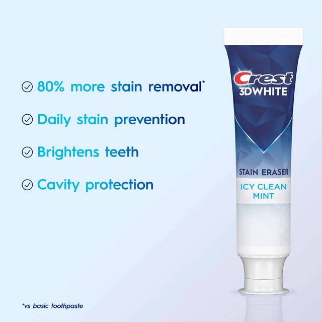 Alt view image 5 of 5 - Crest 3D White Stain Eraser Teeth Whitening Toothpaste, Icy Clean Mint, 3.8oz, 2 Pack