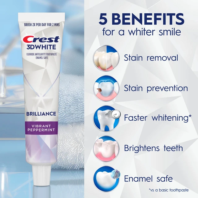 Alt view image 3 of 5 - Crest 3D White Brilliance Vibrant Peppermint Teeth Whitening Toothpaste, 2.4 oz, 2-Pack