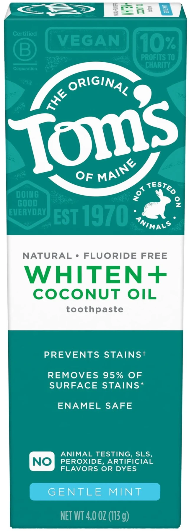 Alt view image 4 of 6 - Tom's of Maine Whiten Plus Coconut Oil Fluoride Free Toothpaste, Gentle Mint, 4.0oz