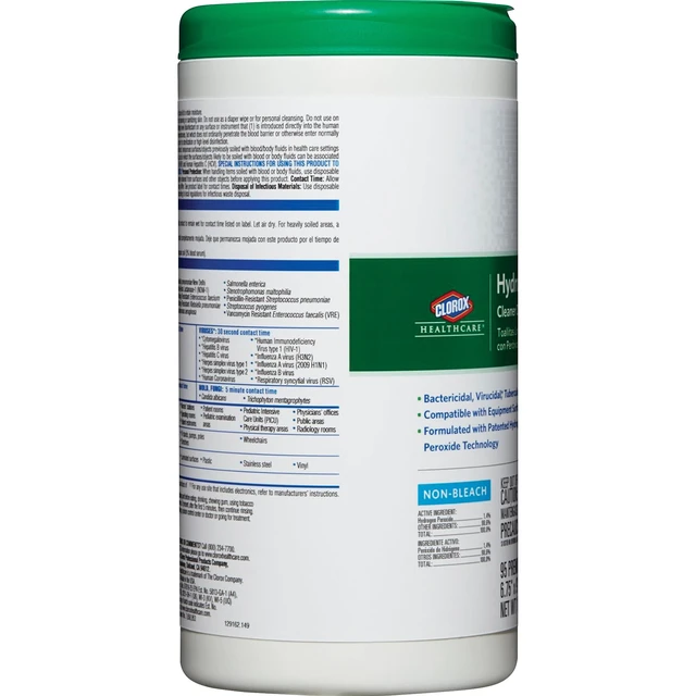 Alt view image 3 of 3 - Hydrogen Peroxide Disinfecting Wipes, Clorox Healthcare, 9" x 6 3/4", White, 95 Wipes
