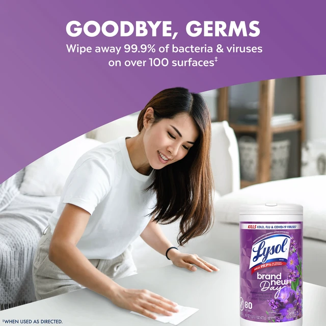 Alt view image 2 of 6 - Lysol Disinfecting Wipes, Multi Surface Antibacterial, All Purpose Cleaner, Lavender + Mango Scents, 80 Count Each (Pack of 2)