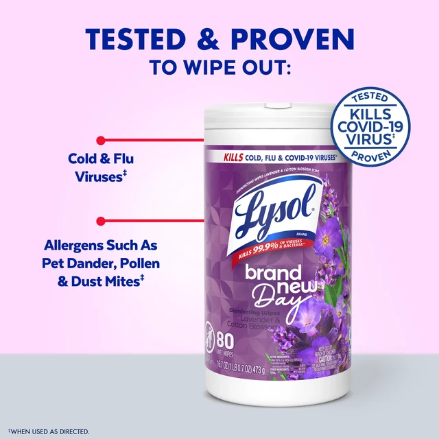 Alt view image 5 of 5 - Lysol Disinfecting Wipes, Multi Surface Antibacterial Cleaning Wipes, All Purpose Cleaner, Lavender & Cotton Blossom Scent, 80 Count