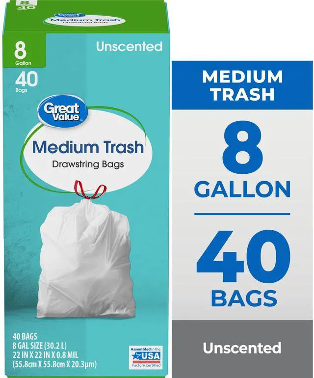 Main image of Great Value Medium Drawstring Trash Bags, 8 Gallon, 40 Count