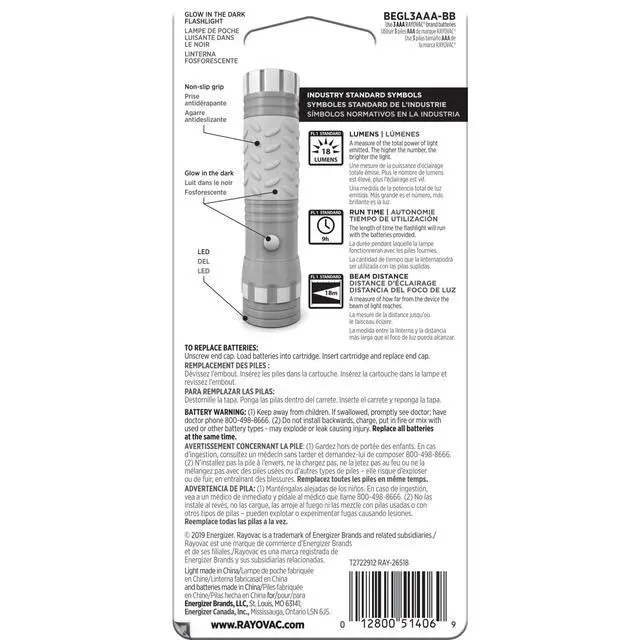 Alt view image 5 of 5 - Rayovac Mini LED Flashlight with Glow in the Dark Rubber Grip, 3 AAA Batteries Included