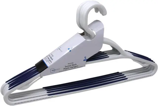 Main image of Mainstays Non-Slip Plastic Swivel Neck Clothing Hangers, 5 Count, White & Blue, Adult