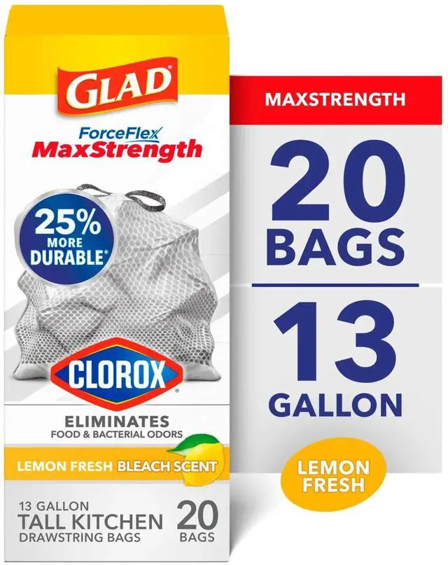 Main image of Glad ForceFlex MaxStrength 13-Gallon Drawstring Tall Kitchen Bags, Lemon Fresh Bleach Scent, 20 Bags