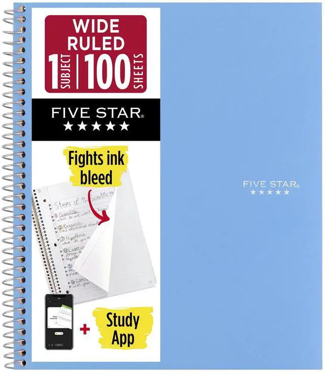 Alt view image 2 of 6 - (2 pack) Five Star Spiral Notebook Plus Study App 1 Subject Wide Ruled 8 x 10 12 Sky Blue