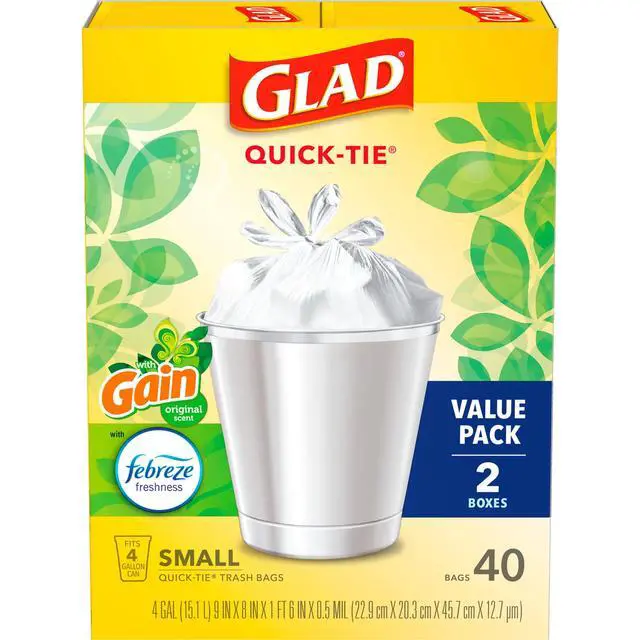 Alt view image 5 of 7 - Glad Quick-Tie 4-Gallon Small Trash Bags, Gain Original Scent, 20 Bags, 2 Pack