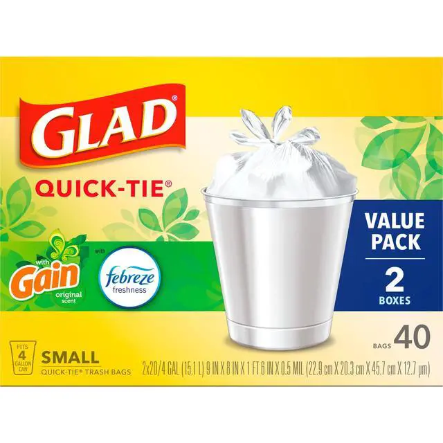 Alt view image 6 of 7 - Glad Quick-Tie 4-Gallon Small Trash Bags, Gain Original Scent, 20 Bags, 2 Pack