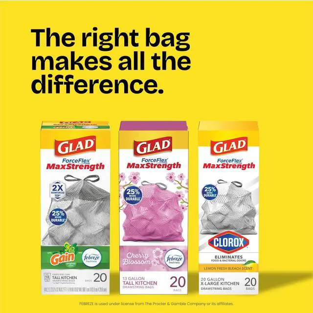 Alt view image 5 of 7 - Glad ForceFlex MaxStrength 13-Gallon Drawstring Tall Kitchen Bags, Lemon Fresh Bleach Scent, 20 Bags
