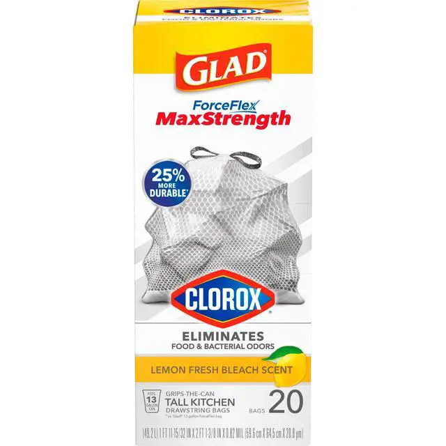 Alt view image 6 of 7 - Glad ForceFlex MaxStrength 13-Gallon Drawstring Tall Kitchen Bags, Lemon Fresh Bleach Scent, 20 Bags