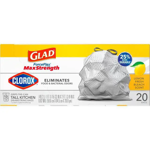 Alt view image 7 of 7 - Glad ForceFlex MaxStrength 13-Gallon Drawstring Tall Kitchen Bags, Lemon Fresh Bleach Scent, 20 Bags