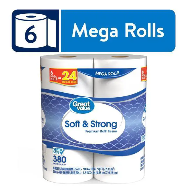 Alt view image 6 of 12 - Great Value Soft & Strong Premium Toilet Paper, 6 Mega Rolls, 380 Sheets per Roll