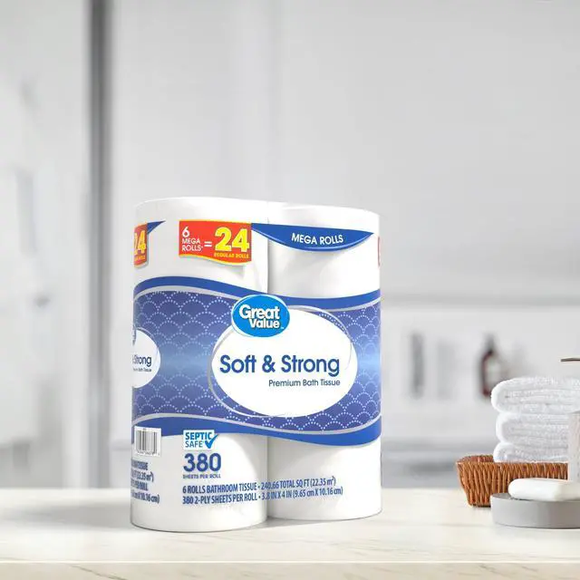 Alt view image 9 of 12 - Great Value Soft & Strong Premium Toilet Paper, 6 Mega Rolls, 380 Sheets per Roll