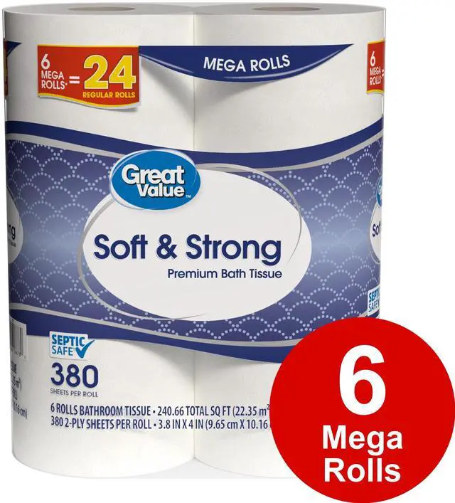 Alt view image 12 of 12 - Great Value Soft & Strong Premium Toilet Paper, 6 Mega Rolls, 380 Sheets per Roll