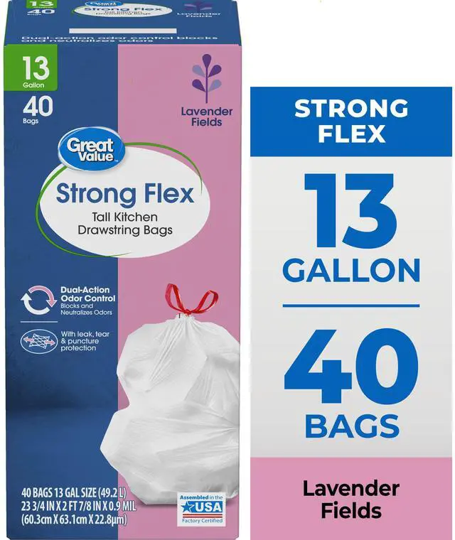 Main image of Great Value Strong Flex 13-Gallon Drawstring Tall Kitchen Trash Bags, Lavender Fields, 40 Bags