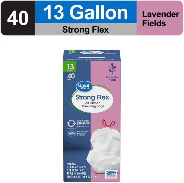 Alt view image 2 of 7 - Great Value Strong Flex 13-Gallon Drawstring Tall Kitchen Trash Bags, Lavender Fields, 40 Bags