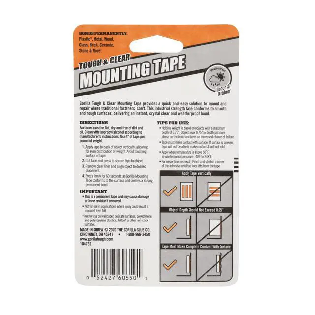 Alt view image 3 of 7 - Gorilla Tough & Clear Double-Sided Mounting Tape, 60" Roll-1 Pack/ Model 6065201, New