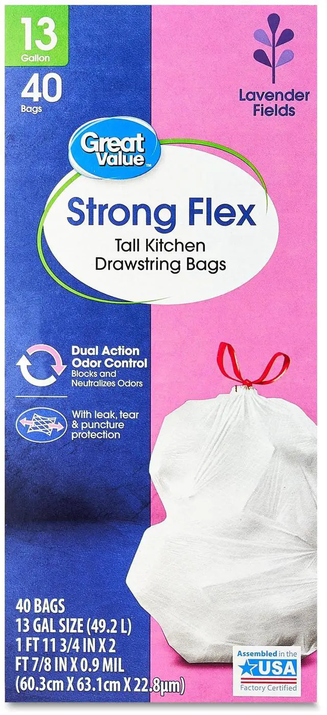Alt view image 3 of 7 - Great Value Strong Flex 13-Gallon Drawstring Tall Kitchen Trash Bags, Lavender Fields, 40 Bags