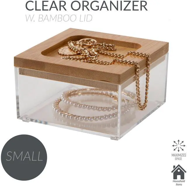 Alt view image 2 of 7 - Simplify Square Clear Jewelry and Cosmetic Organizer Box with Bamboo Lid